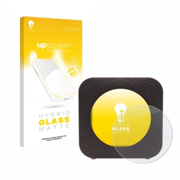 Parte frontal de un envase de producto con el logotipo de la marca upscreen. Al lado se muestra el dispositivo Netgear Nightha