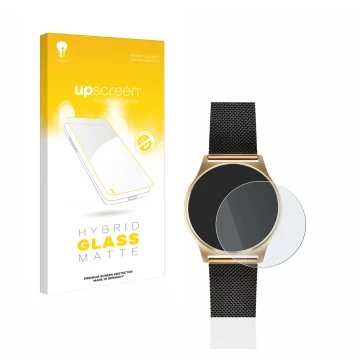 Parte frontal de un envase de producto con el logotipo de la marca upscreen. Al lado se muestra el dispositivo Xlyne X-Watch J