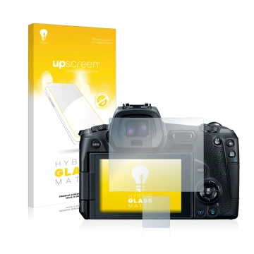 Parte frontal de un envase de producto con el logotipo de la marca upscreen. Al lado se muestra el dispositivo Canon EOS R con