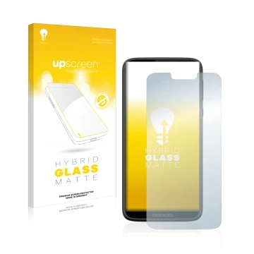 Parte frontal de un envase de producto con el logotipo de la marca upscreen. Al lado se muestra el dispositivo Motorola Moto G