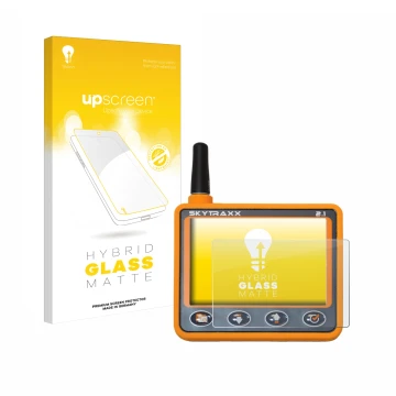 Parte frontal de un envase de producto con el logotipo de la marca upscreen. Al lado se muestra el dispositivo Skytraxx 2.1 Va