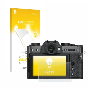 Parte frontal de un envase de producto con el logotipo de la marca upscreen. Al lado se muestra el dispositivo Fujifilm X-T30 