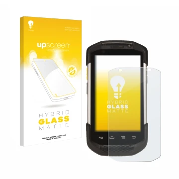 Parte frontal de un envase de producto con el logotipo de la marca upscreen. Al lado se muestra el dispositivo Zebra TC77 con 