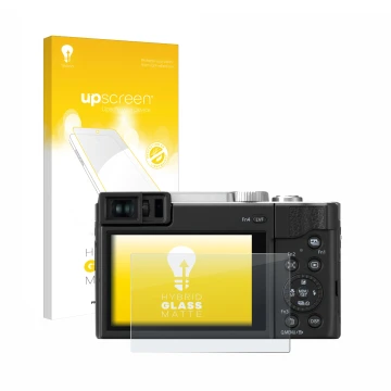 Parte frontal de un envase de producto con el logotipo de la marca upscreen. Al lado se muestra el dispositivo Panasonic Lumix