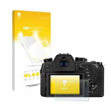 Parte frontal de un envase de producto con el logotipo de la marca upscreen. Al lado se muestra el dispositivo Panasonic Lumix