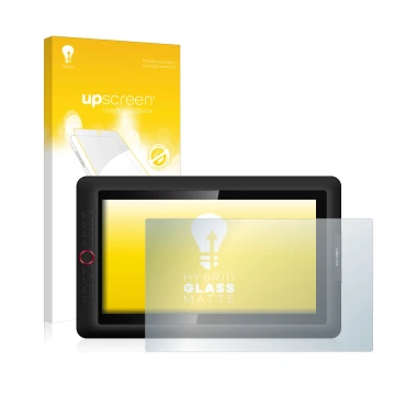 Parte frontal de un envase de producto con el logotipo de la marca upscreen. Al lado se muestra el dispositivo XP-Pen Artist 1