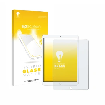 Parte frontal de un envase de producto con el logotipo de la marca upscreen. Al lado se muestra el dispositivo Apple iPad Air 