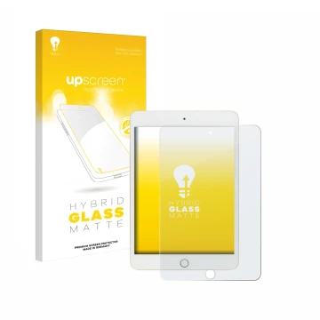 Parte frontal de un envase de producto con el logotipo de la marca upscreen. Al lado se muestra el dispositivo Apple iPad Mini