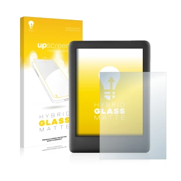 Parte frontal de un envase de producto con el logotipo de la marca upscreen. Al lado se muestra el dispositivo Amazon Kindle 2