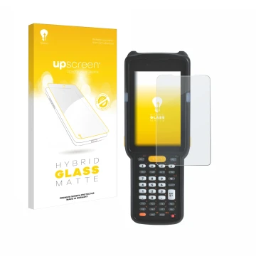 Parte frontal de un envase de producto con el logotipo de la marca upscreen. Al lado se muestra el dispositivo Zebra MC330 con