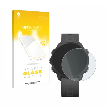 Parte frontal de un envase de producto con el logotipo de la marca upscreen. Al lado se muestra el dispositivo Garmin Forerunn