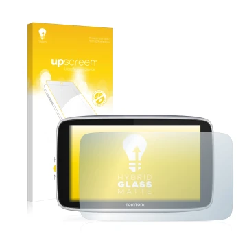 Parte frontal de un envase de producto con el logotipo de la marca upscreen. Al lado se muestra el dispositivo TomTom GO Premi