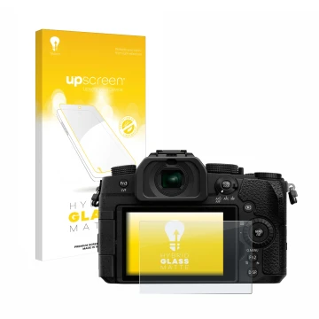 Parte frontal de un envase de producto con el logotipo de la marca upscreen. Al lado se muestra el dispositivo Panasonic Lumix