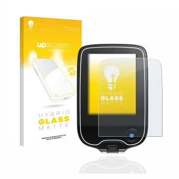 Parte frontal de un envase de producto con el logotipo de la marca upscreen. Al lado se muestra el dispositivo Freestyle Libre