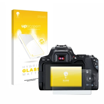 Parte frontal de un envase de producto con el logotipo de la marca upscreen. Al lado se muestra el dispositivo Canon EOS 250D 