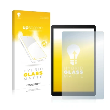 Parte frontal de un envase de producto con el logotipo de la marca upscreen. Al lado se muestra el dispositivo Samsung Galaxy 