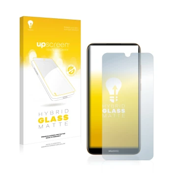 Parte frontal de un envase de producto con el logotipo de la marca upscreen. Al lado se muestra el dispositivo Huawei Y6 2019 