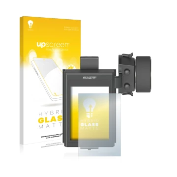 Parte frontal de un envase de producto con el logotipo de la marca upscreen. Al lado se muestra el dispositivo FlySky FS-NB4 c