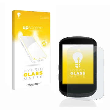 Parte frontal de un envase de producto con el logotipo de la marca upscreen. Al lado se muestra el dispositivo Garmin Edge 530
