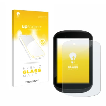 Parte frontal de un envase de producto con el logotipo de la marca upscreen. Al lado se muestra el dispositivo Garmin Edge 830