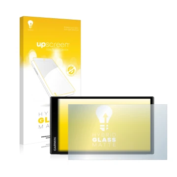 Parte frontal de un envase de producto con el logotipo de la marca upscreen. Al lado se muestra el dispositivo Garmin Camper 7