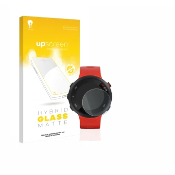 Parte frontal de un envase de producto con el logotipo de la marca upscreen. Al lado se muestra el dispositivo Garmin Forerunn