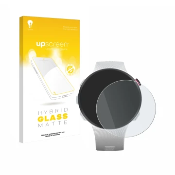 Parte frontal de un envase de producto con el logotipo de la marca upscreen. Al lado se muestra el dispositivo Garmin Forerunn