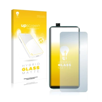 Parte frontal de un envase de producto con el logotipo de la marca upscreen. Al lado se muestra el dispositivo Huawei P smart 