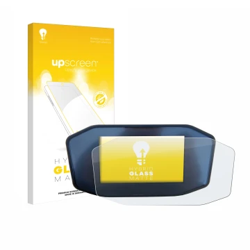 Parte frontal de un envase de producto con el logotipo de la marca upscreen. Al lado se muestra el dispositivo KTM 1290 Super 