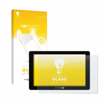 Parte frontal de un envase de producto con el logotipo de la marca upscreen. Al lado se muestra el dispositivo SmallHD 702 Tou