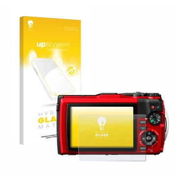 Parte frontal de un envase de producto con el logotipo de la marca upscreen. Al lado se muestra el dispositivo Olympus Tough T