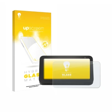 Parte frontal de un envase de producto con el logotipo de la marca upscreen. Al lado se muestra el dispositivo Amazon Echo Sho