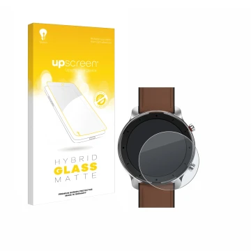 Parte frontal de un envase de producto con el logotipo de la marca upscreen. Al lado se muestra el dispositivo Huami Amazfit G