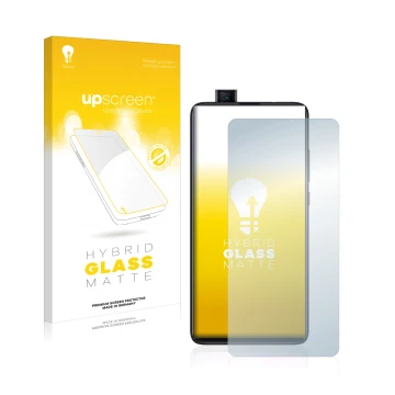 Parte frontal de un envase de producto con el logotipo de la marca upscreen. Al lado se muestra el dispositivo Xiaomi Mi 9T co