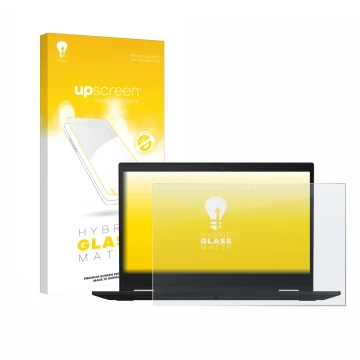 Parte frontal de un envase de producto con el logotipo de la marca upscreen. Al lado se muestra el dispositivo Lenovo ThinkPad