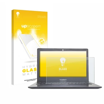 Parte frontal de un envase de producto con el logotipo de la marca upscreen. Al lado se muestra el dispositivo Novatech npro N