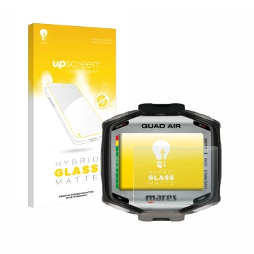 Parte frontal de un envase de producto con el logotipo de la marca upscreen. Al lado se muestra el dispositivo Mares Quad Air 