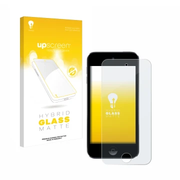 Parte frontal de un envase de producto con el logotipo de la marca upscreen. Al lado se muestra el dispositivo Apple iPod Touc