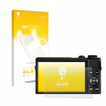 Parte frontal de un envase de producto con el logotipo de la marca upscreen. Al lado se muestra el dispositivo Canon PowerShot