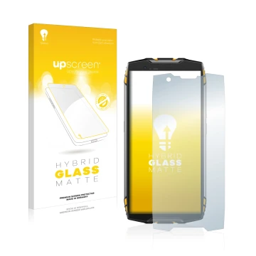 Parte frontal de un envase de producto con el logotipo de la marca upscreen. Al lado se muestra el dispositivo Blackview BV680