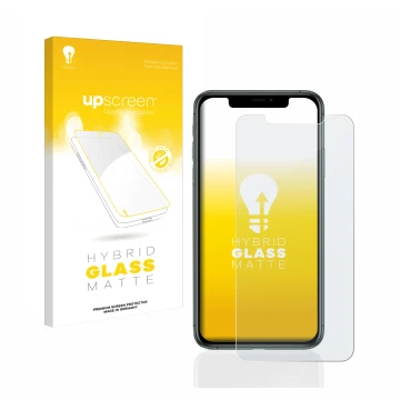 Parte frontal de un envase de producto con el logotipo de la marca upscreen. Al lado se muestra el dispositivo Apple iPhone 11