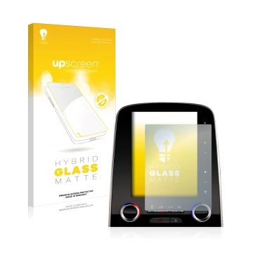 Parte frontal de un envase de producto con el logotipo de la marca upscreen. Al lado se muestra el dispositivo Renault Scenic 