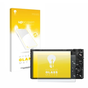 Parte frontal de un envase de producto con el logotipo de la marca upscreen. Al lado se muestra el dispositivo Sony Cyber-Shot