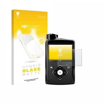 Parte frontal de un envase de producto con el logotipo de la marca upscreen. Al lado se muestra el dispositivo Medtronic Minim