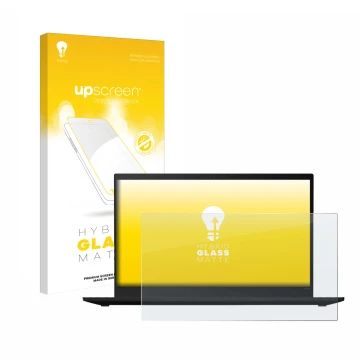 Parte frontal de un envase de producto con el logotipo de la marca upscreen. Al lado se muestra el dispositivo Lenovo ThinkPad