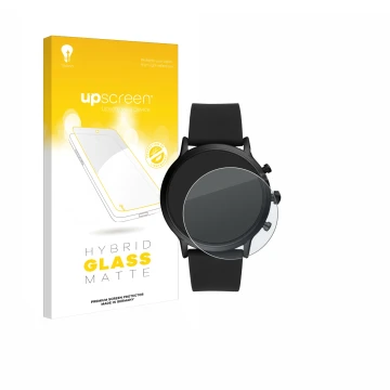 Parte frontal de un envase de producto con el logotipo de la marca upscreen. Al lado se muestra el dispositivo Fossil The Carl