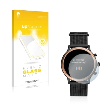 Parte frontal de un envase de producto con el logotipo de la marca upscreen. Al lado se muestra el dispositivo Fossil Julianna