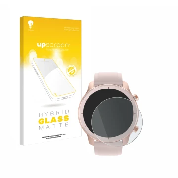 Parte frontal de un envase de producto con el logotipo de la marca upscreen. Al lado se muestra el dispositivo Huami Amazfit G