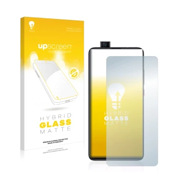 Parte frontal de un envase de producto con el logotipo de la marca upscreen. Al lado se muestra el dispositivo Xiaomi Mi 9T Pr