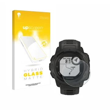 Parte frontal de un envase de producto con el logotipo de la marca upscreen. Al lado se muestra el dispositivo Garmin Instinct